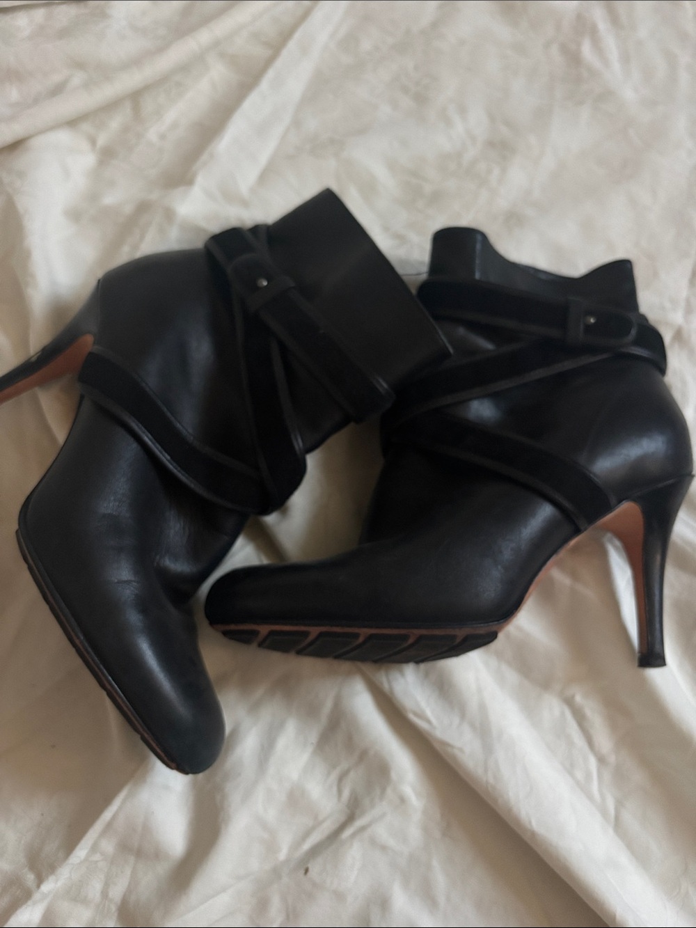 Cole Haan Black High-Heel Ankle Boots with Strap Detail, Sz 7.5